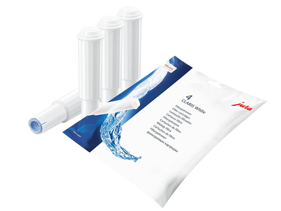 JURA CLARIS White waterfilter 4-pack, blauwe verpakking met witte filterpatronen, fabrikantbeeld