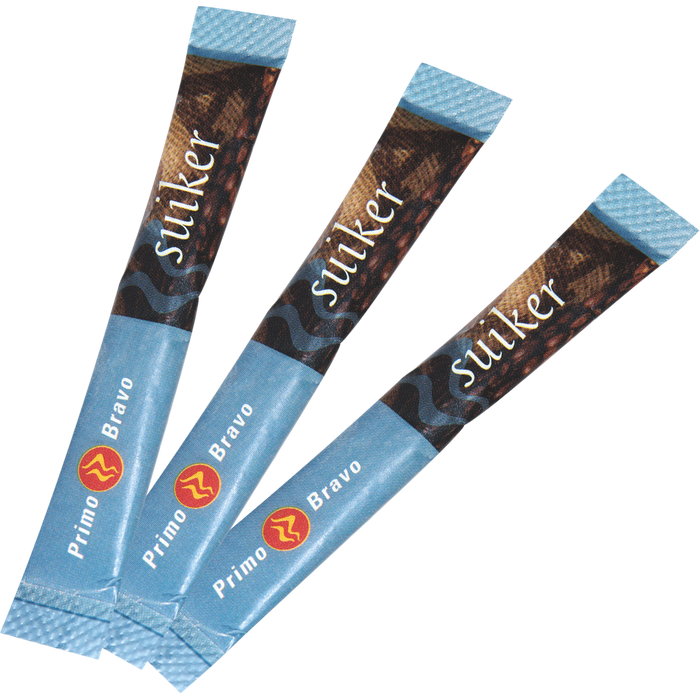 Dispenserdoos Primo Bravo suikersticks, 500 stuks van 4 gram, fabrikantbeeld