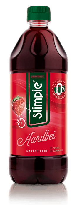 Tray met zes flessen Slimpie aardbeiensiroop suikervrij van 65 cl, fabrikantbeeld