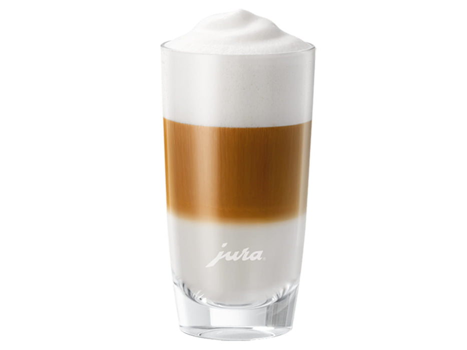 Hoog JURA latte macchiato glas met gescheiden lagen melk en espresso, fabrikantbeeld