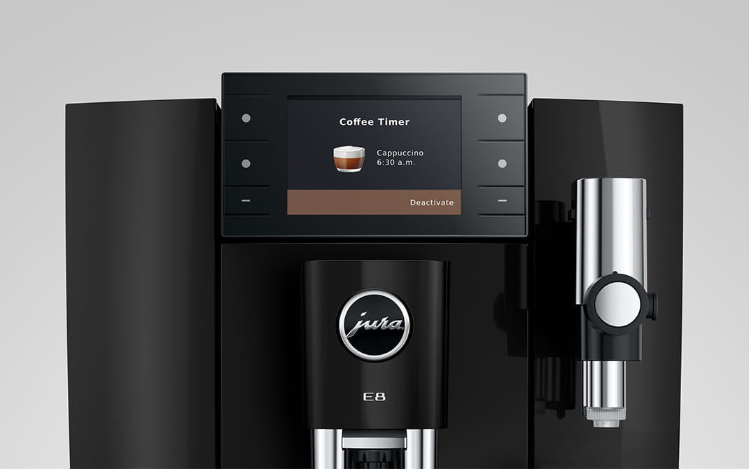 JURA E8 Piano Black volautomaat voor thuis, vooraanzicht met kleurenscherm, productkenmerk 5