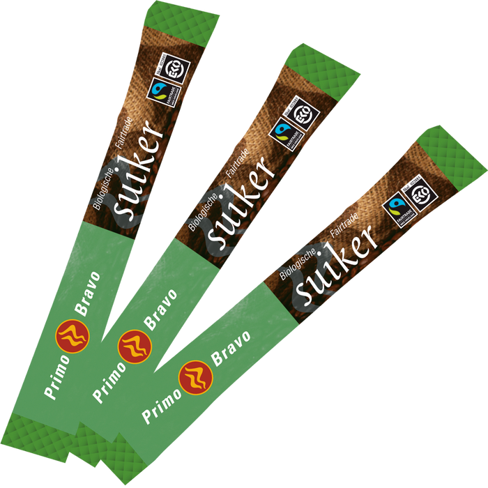 Dispenserdoos Primo Bravo Fairtrade rietsuikersticks van 4 gram, fabrikantbeeld
