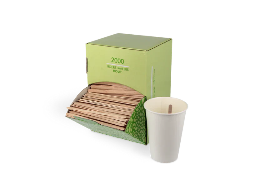 Dispenserbox met houten roerstaafjes van 11 cm, FSC Mix-gecertificeerd