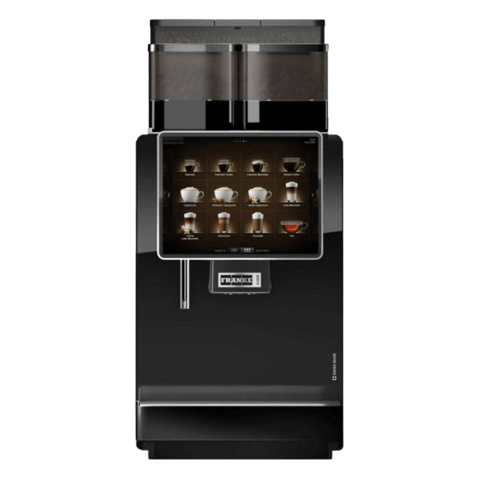 FRANKE A1000 FM CM 1G H1 koffiemachine in zwart met groot touchscreen en diverse koffieopties zichtbaar