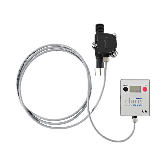 JURA CLARIS Flow Sensor 3/8 waterdoosje met digitaal display en slang op witte achtergrond | Arte dell' espressO