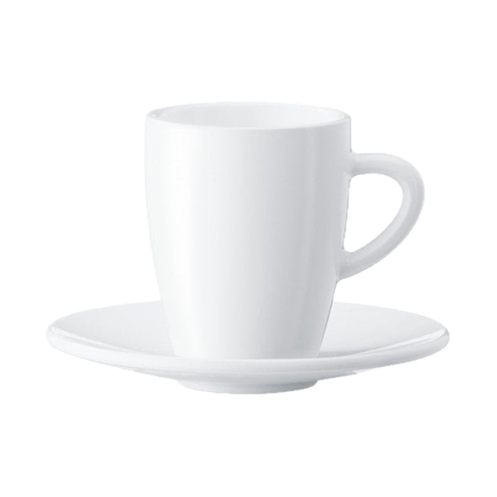 Twee witte JURA espresso kopjes met schotels, keramiek porselein design voor espresso serveren | Arte dell' espressO