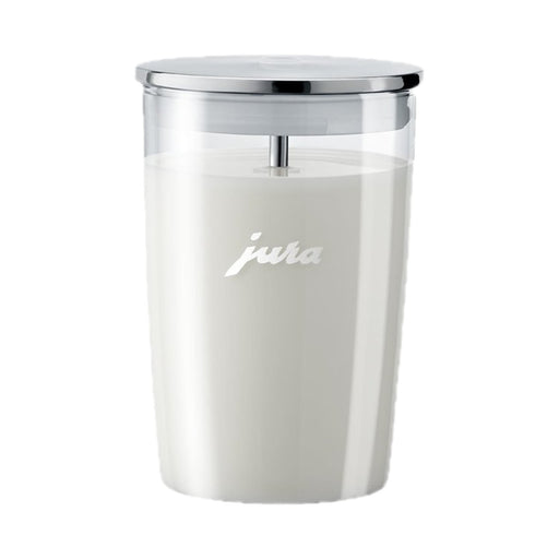 JURA glazen melkhouder met RVS deksel en melk erin, rechthoekige vorm wit | Arte dell' espressO