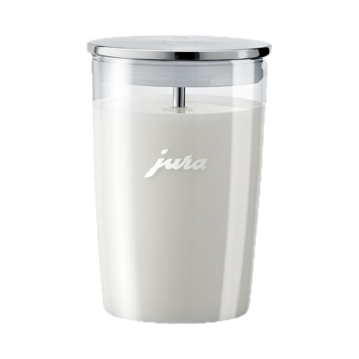 JURA glazen melkhouder met RVS deksel en melk erin, rechthoekige vorm wit | Arte dell' espressO