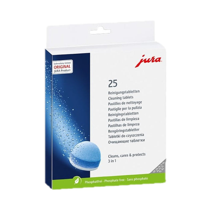 JURA 3 in 1 Reinigingstabletten 25 stuks in blauwe verpakking met groene band | Arte dell' espressO