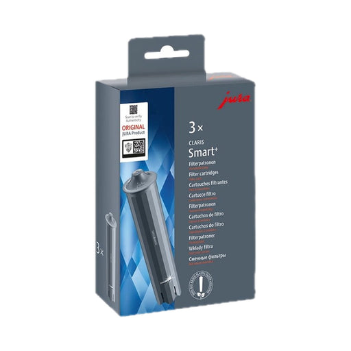 JURA CLARIS Smart+ filterpatronen 3-pack in grijze verpakking met blauwe accenten | Arte dell' espressO