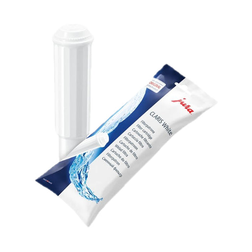 JURA CLARIS White filterpatroon met verpakking en witte filter tegen witte achtergrond | Arte dell' espressO