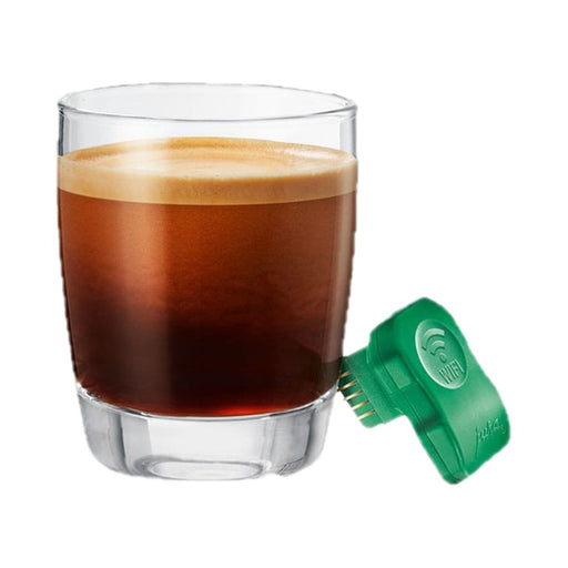 JURA Payment Connect groen kassasysteem naast glas espresso | Arte dell' espressO