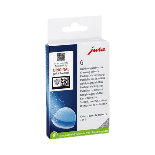 JURA 3 in 1 Reinigingstabletten 6 stuks verpakking met blauwe doos en witte bovenkant op witte achtergrond | Arte dell' espressO