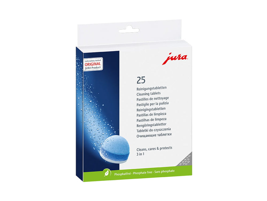 Blauwe verpakking JURA 3-in-1 reinigingstabletten, 25 stuks, fabrikantbeeld