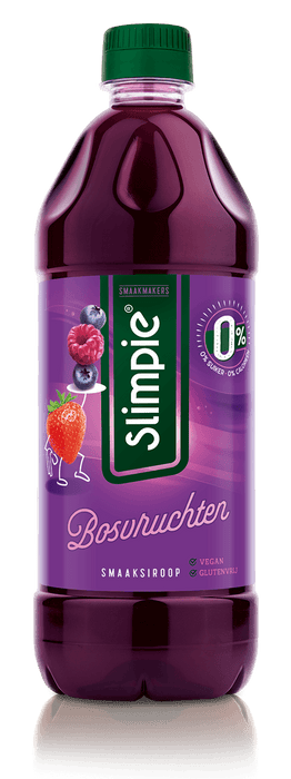 Tray met zes flessen Slimpie bosvruchtensiroop suikervrij van 65 cl, fabrikantbeeld
