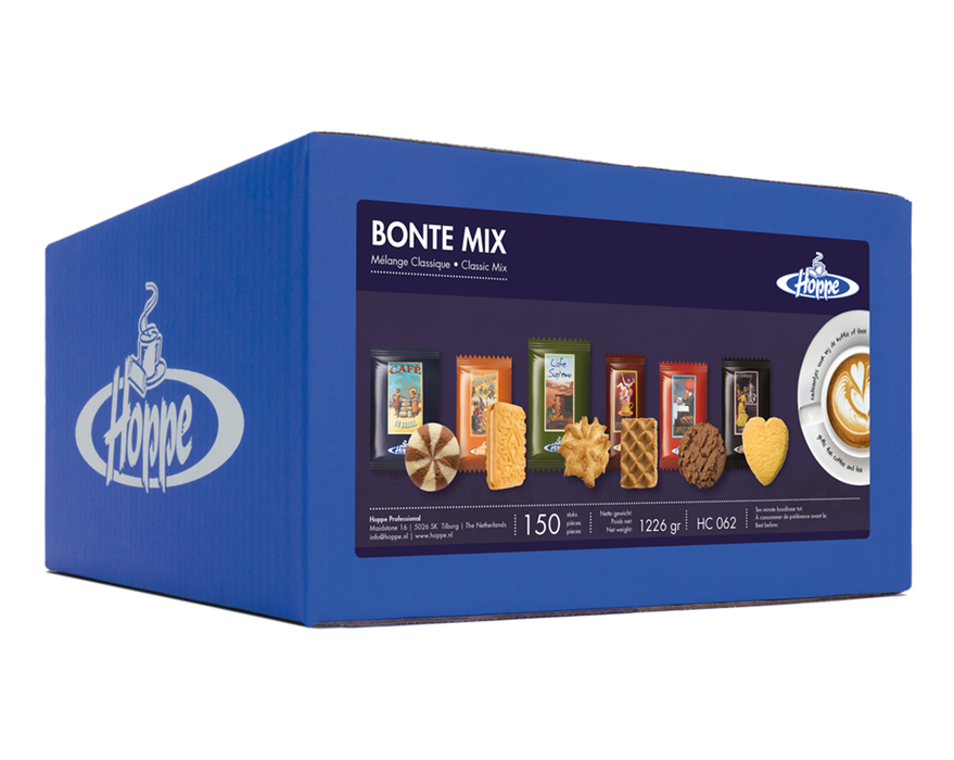Doos Hoppe Bonte Mix met 150 koekjes in zes soorten, fabrikantbeeld
