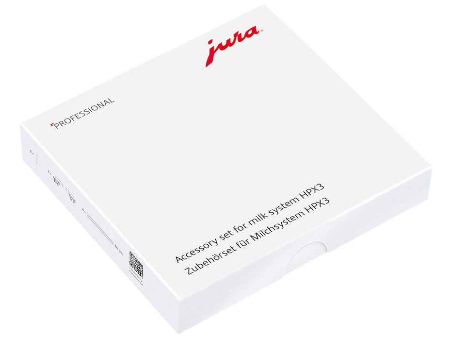 Witte JURA accessoireset melksysteem HPX3 in verpakking, fabrikantbeeld