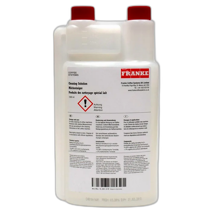 Franke EC Melksysteemreiniger 1 liter fles met rode doppen en waarschuwingsetiket