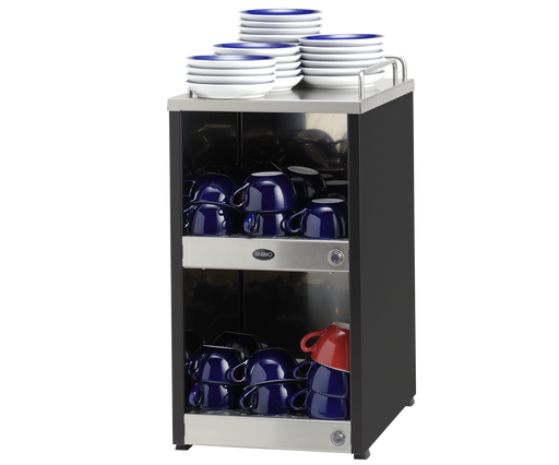 Franke KW Eco koppenwarmer, RVS met zwarte zijpanelen, twee verwarmde plateaus en schotelplateau