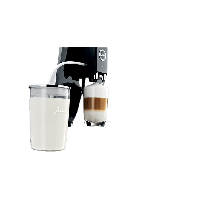 JURA glazen melkhouder helder glas met zwarte JURA machine en cappuccino kopje | Arte dell' espressO
