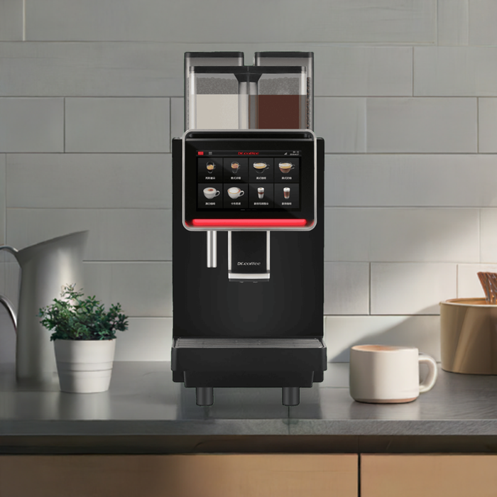 Dr. Coffee Office 200 met touchscreen en dubbele bonenreservoirs op een keukenblad