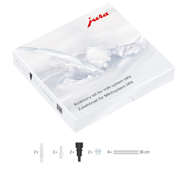 JURA accessoireset melksysteem HP4 met de inhoud: melkslangen, aansluitgedeelten en CX4-melkuitlopen