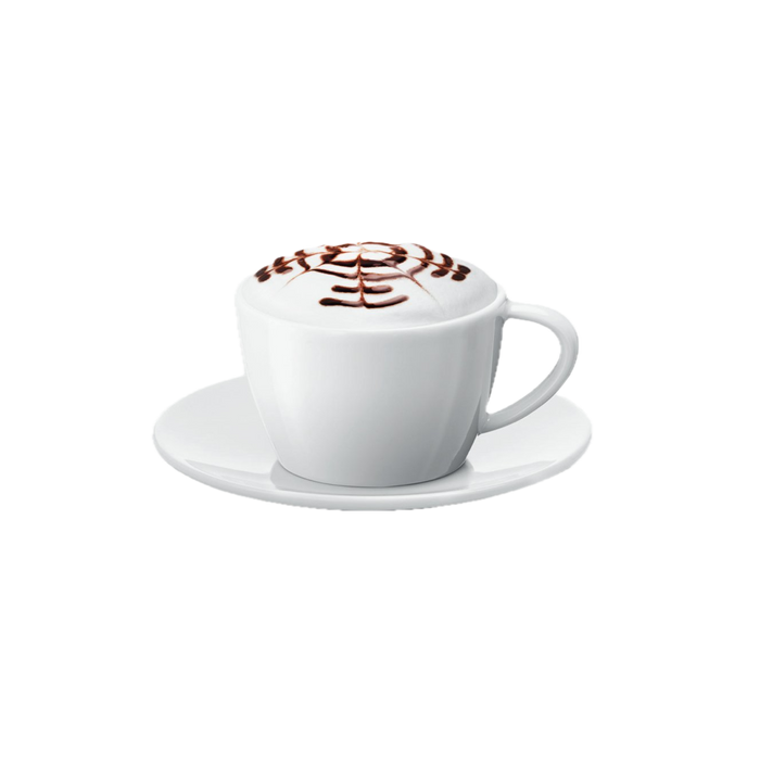 Witte cappuccino kopjes met schotel en chocolade latte art design - JURA koffie accessoires set | Arte dell' espressO