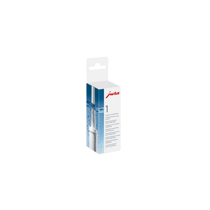JURA Verlengstuk CLARIS White filtercartridge in witte verpakking met blauwe accenten op wit oppervlak | Arte dell' espressO