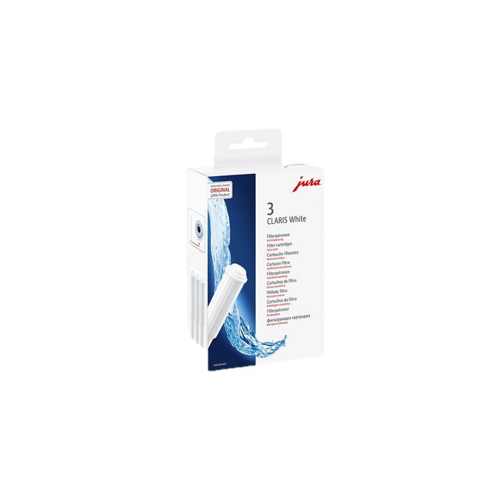 JURA CLARIS White filterpatronen set van 3 stuks in witte verpakking met blauwe waterdesign | Arte dell' espressO