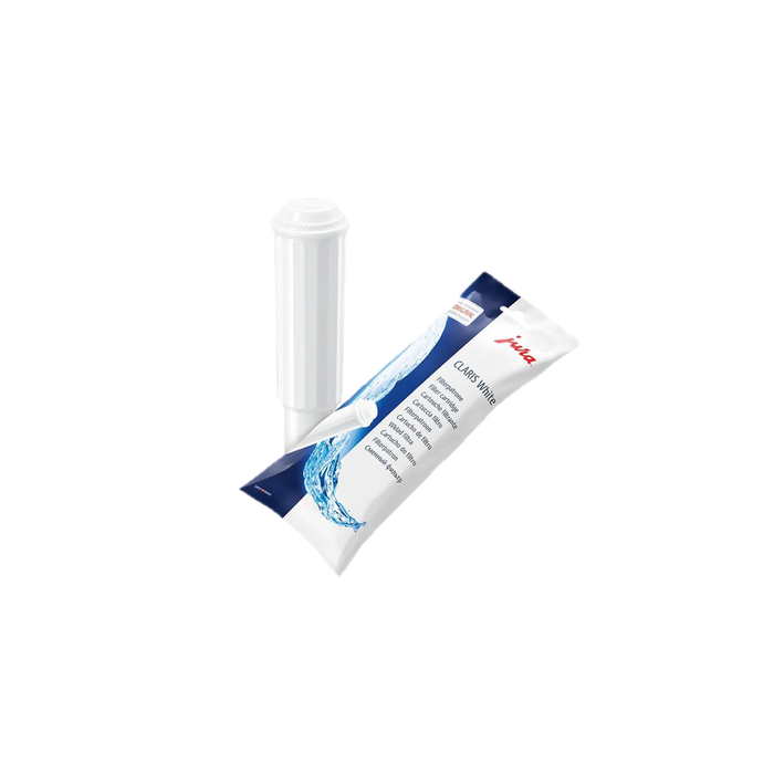 JURA CLARIS White filterpatroon met verpakking en witte cilinder tegen witte achtergrond | Arte dell' espressO