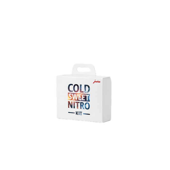 Witte verpakking van de JURA Cold Sweet Nitro Kit met gekleurde tekst op een lichte achtergrond | Arte dell' espressO