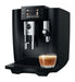 JURA E10 Diamond Black (EA) volautomaat, vooraanzicht met 3,5 inch kleurendisplay en cappuccino