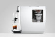 JURA E6 Piano White, zijaanzicht met bonenreservoir en waterreservoir
