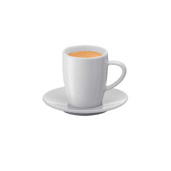 Wit porselein JURA koffiekopje met schotel en espresso, elegant design voor koffieliefhebbers | Arte dell' espressO