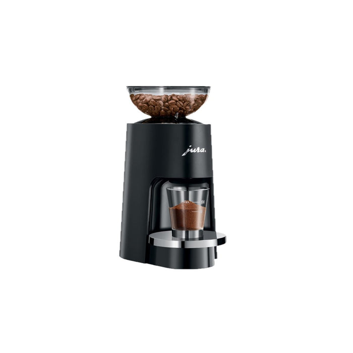 JURA Koffiemolen P.A.G. zwart 25048 met koffiebonen en gemaald koffie in trechter | Arte dell' espressO
