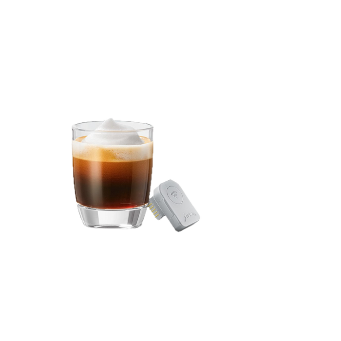 JURA MDB Connect intelligente melkmodule grijs naast glas espresso met melkschuim | Arte dell' espressO