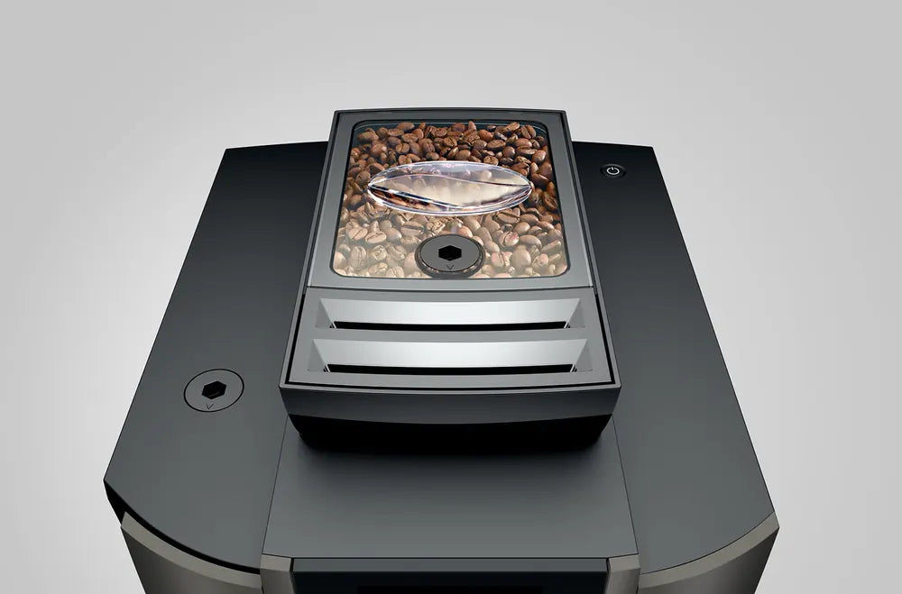 JURA W4 Dark Inox koffiemachine met bonenreservoir en zichtbare koffiebonen