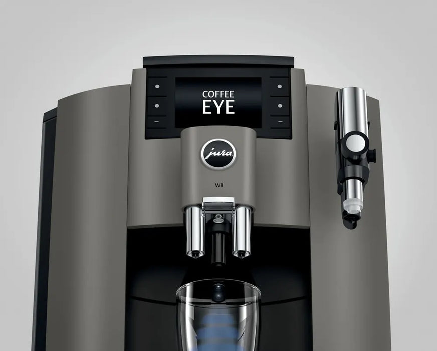 JURA W8 Dark Inox zakelijke koffiemachine met display en roestvrijstalen details