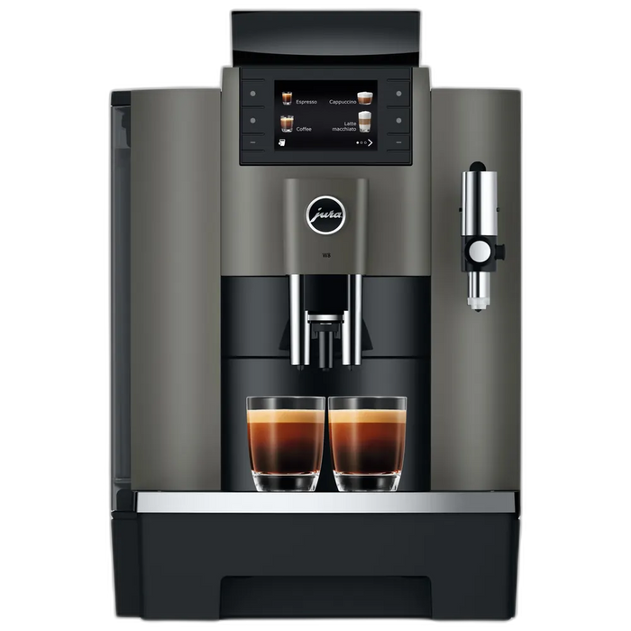 JURA W8 Dark Inox koffiemachine met touchscreen en twee gevulde espressoglazen op het dienblad