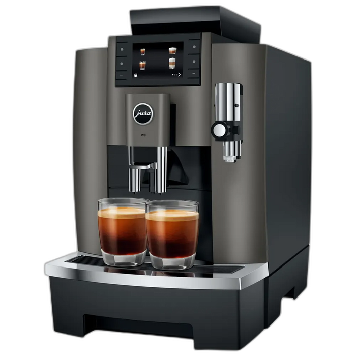 JURA W8 Dark Inox espressomachine met twee glazen espresso en touchscreen display