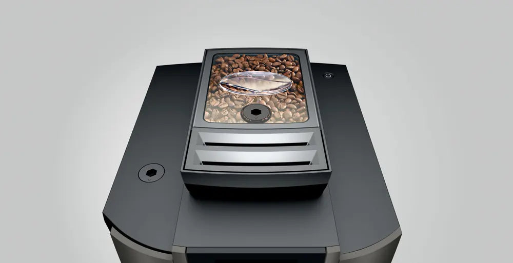 JURA W8 Dark Inox met bonenreservoir bovenaanzicht in donkere afwerking