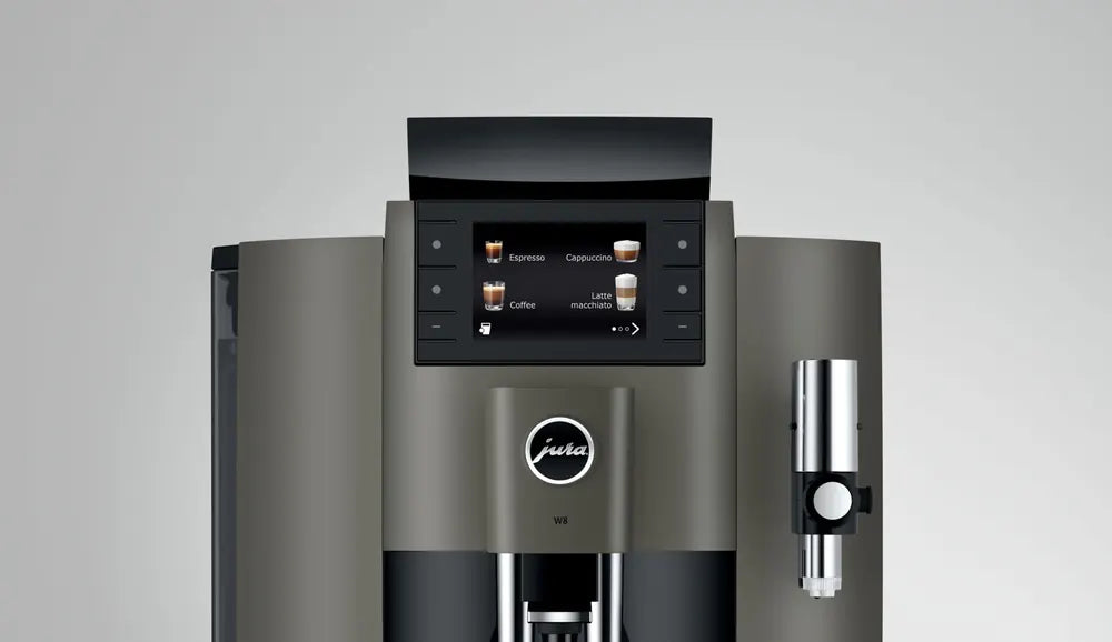 JURA W8 Dark Inox zakelijke koffiemachine met touchscreen en roestvrijstalen afwerking