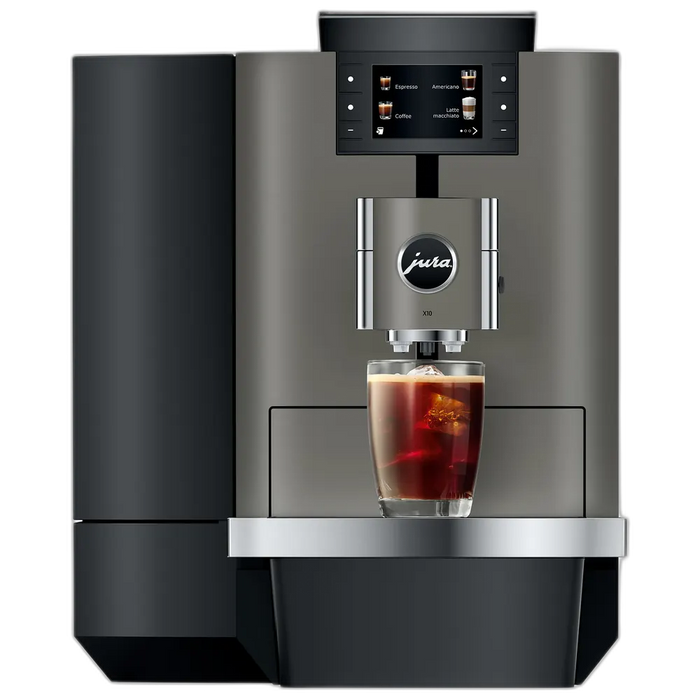 JURA X10 Dark Inox zakelijke koffiemachine met touchscreen en glas Cold Brew koffie