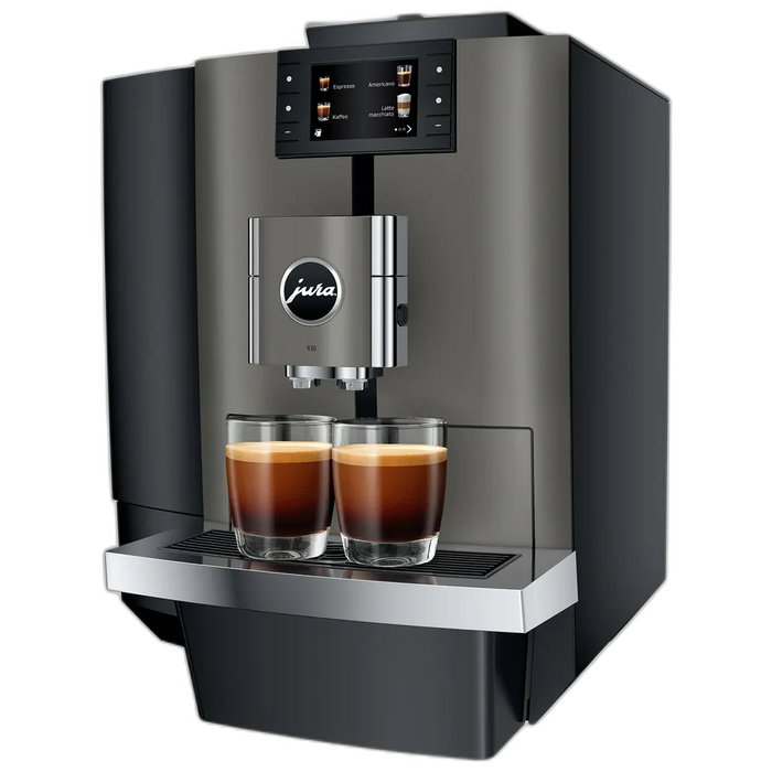 JURA X10 Dark Inox zakelijke koffiemachine met twee gevulde espressoglazen en een digitaal display
