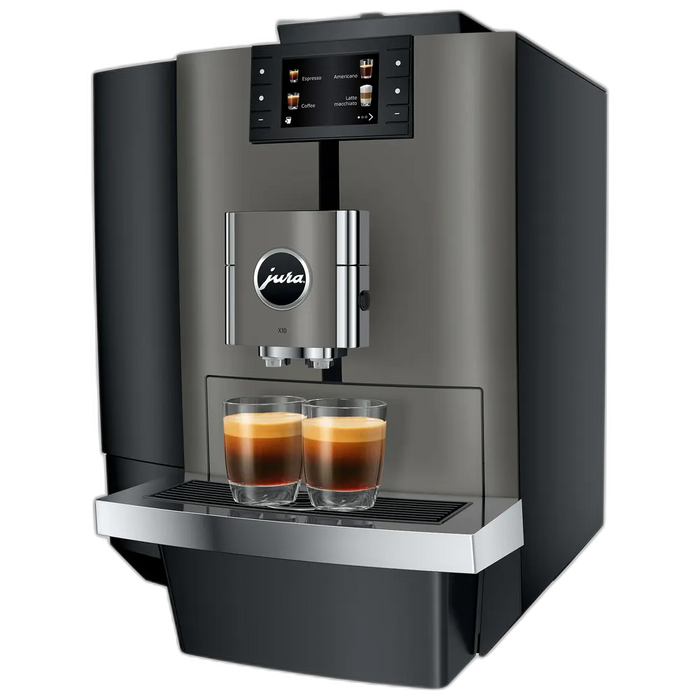 JURA X10 Dark Inox zakelijke koffiemachine met display en twee kopjes espresso