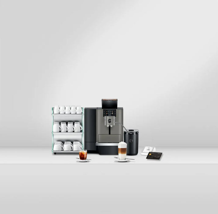 JURA X10 Dark Inox zakelijke koffiemachine met kopjesrek en display, geschikt voor diverse koffiespecialiteiten