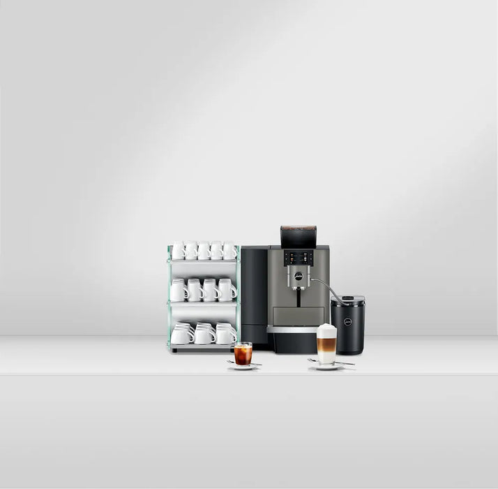 JURA X10 Dark Inox zakelijke koffiemachine met kopjeshouder en twee bereide koffiespecialiteiten