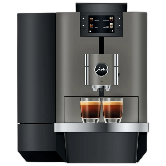 JURA X10 Dark Inox zakelijke koffiemachine met touchscreen en twee kopjes espresso