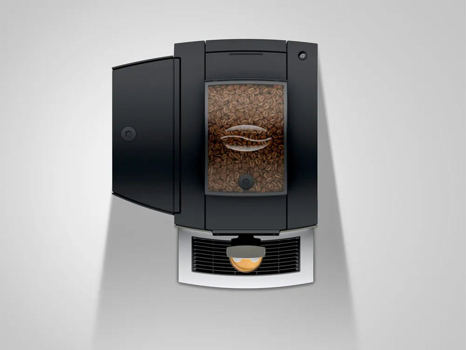 JURA X4 Dark Inox koffiemachine met bonenreservoir en stijlvolle zwarte afwerking