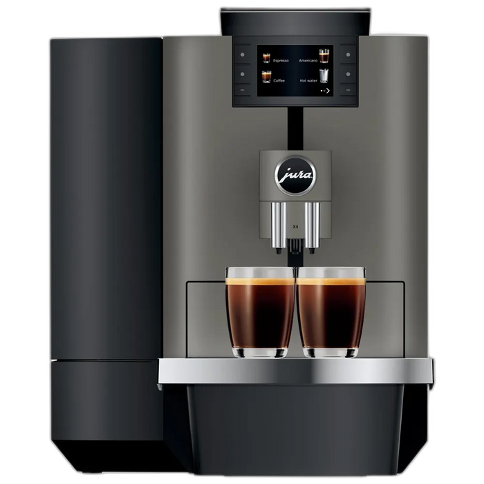 JURA X4 Dark Inox zakelijke koffiemachine met touchscreen en twee kopjes espresso in donkergrijze afwerking